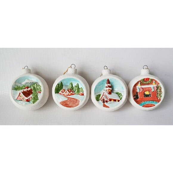 4 Vintage 1978 Porcelain Duncan Enterprises Cabin/Home Scene Christmas Ornaments - Picture 6 of 6